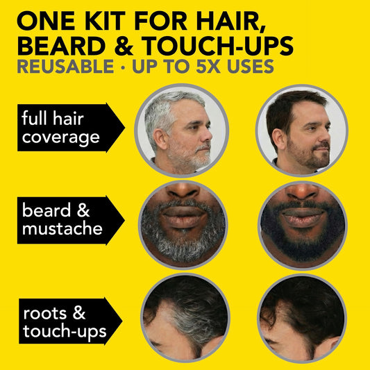 Reusable Beard & Hair Dye Kit - Up to 5 Uses, 7-Min Natural Gray Coverage with SkinArmour - Dark Brown