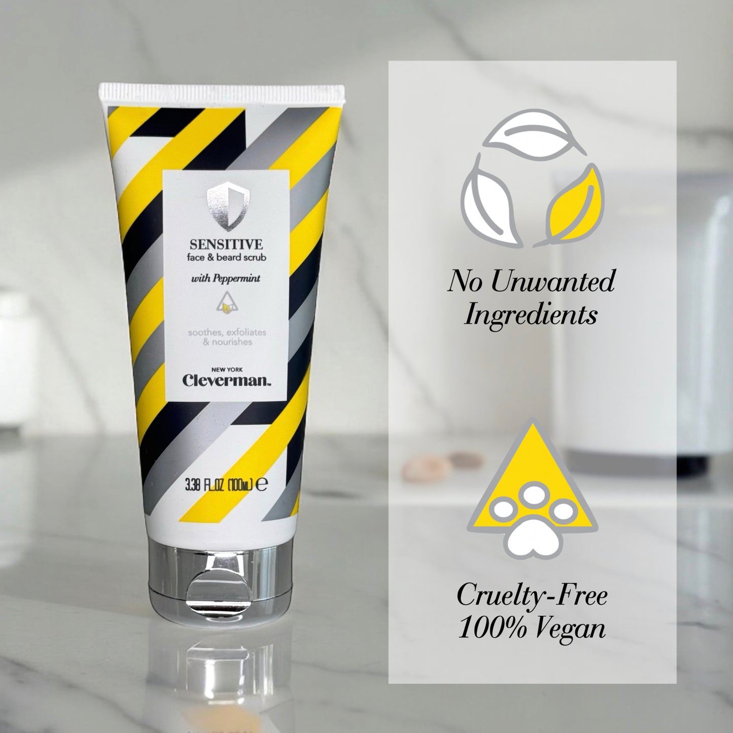 Sensitive Face & Beard Scrub for Men - Peppermint-Infused Gentle Exfoliating Cleanser - 100ml