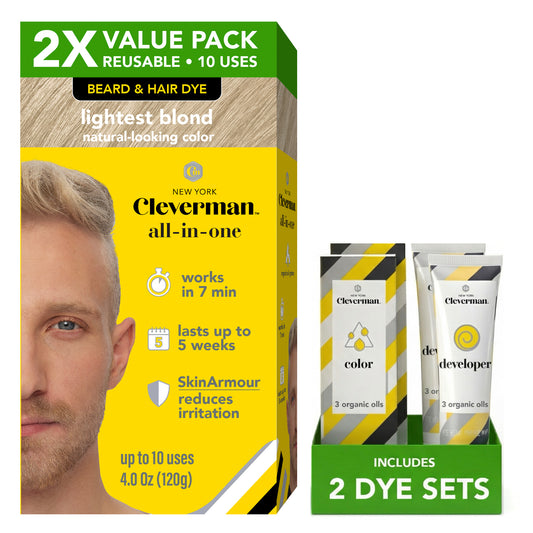 2X Pack Reusable Beard & Hair Dye Kit - 10 Uses, Natural Gray Coverage with SkinArmour - Lightest Blond