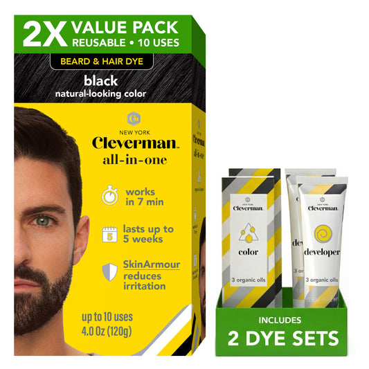 2X Pack Reusable Beard & Hair Dye Kit - 10 Uses, Natural Gray Coverage with SkinArmour - Black