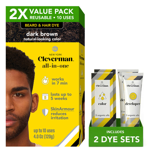 2X Pack Coarse & Coily Hair Reusable Beard & Hair Dye Kit – 10 Uses, Natural Gray Coverage - Dark Brown