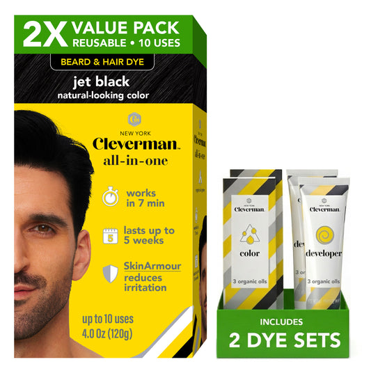 2X Pack Reusable Beard & Hair Dye Kit - 10 Uses, Natural Gray Coverage with SkinArmour - Jet Black