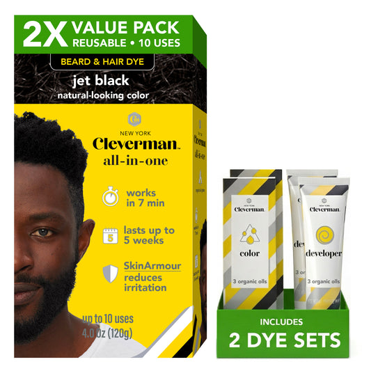 2X Pack Coarse & Coily Hair Reusable Beard & Hair Dye Kit – 10 Uses, Natural Gray Coverage - Jet Black