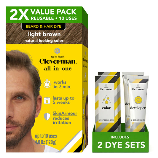 2X Pack Reusable Beard & Hair Dye Kit - 10 Uses, Natural Gray Coverage with SkinArmour - Light Brown
