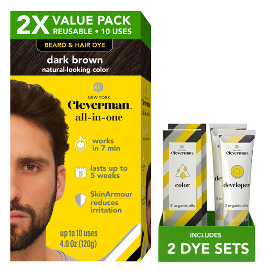 2X Pack Reusable Beard & Hair Dye Kit - 10 Uses, Natural Gray Coverage with SkinArmour - Dark Brown