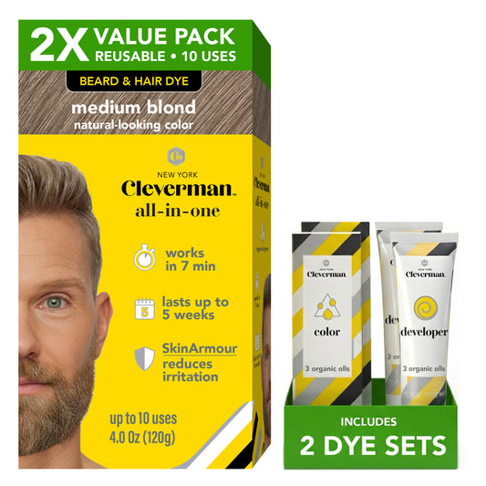 2X Pack Reusable Beard & Hair Dye Kit - 10 Uses, Natural Gray Coverage with SkinArmour - Medium Blond