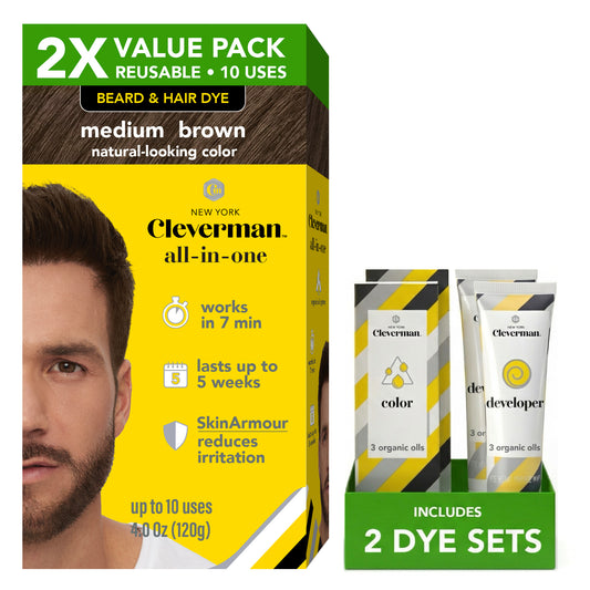 2X Pack Reusable Beard & Hair Dye Kit - 10 Uses, Natural Gray Coverage with SkinArmour - Medium Brown