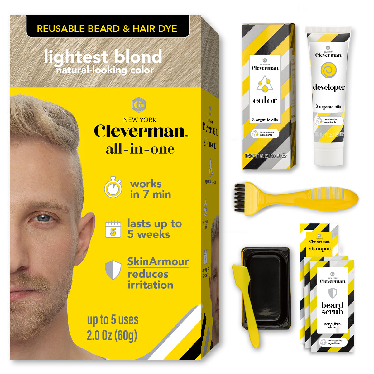 Reusable Beard & Hair Dye Kit - Up to 5 Uses, 7-Min Natural Gray Coverage with SkinArmour - Lightest Blond