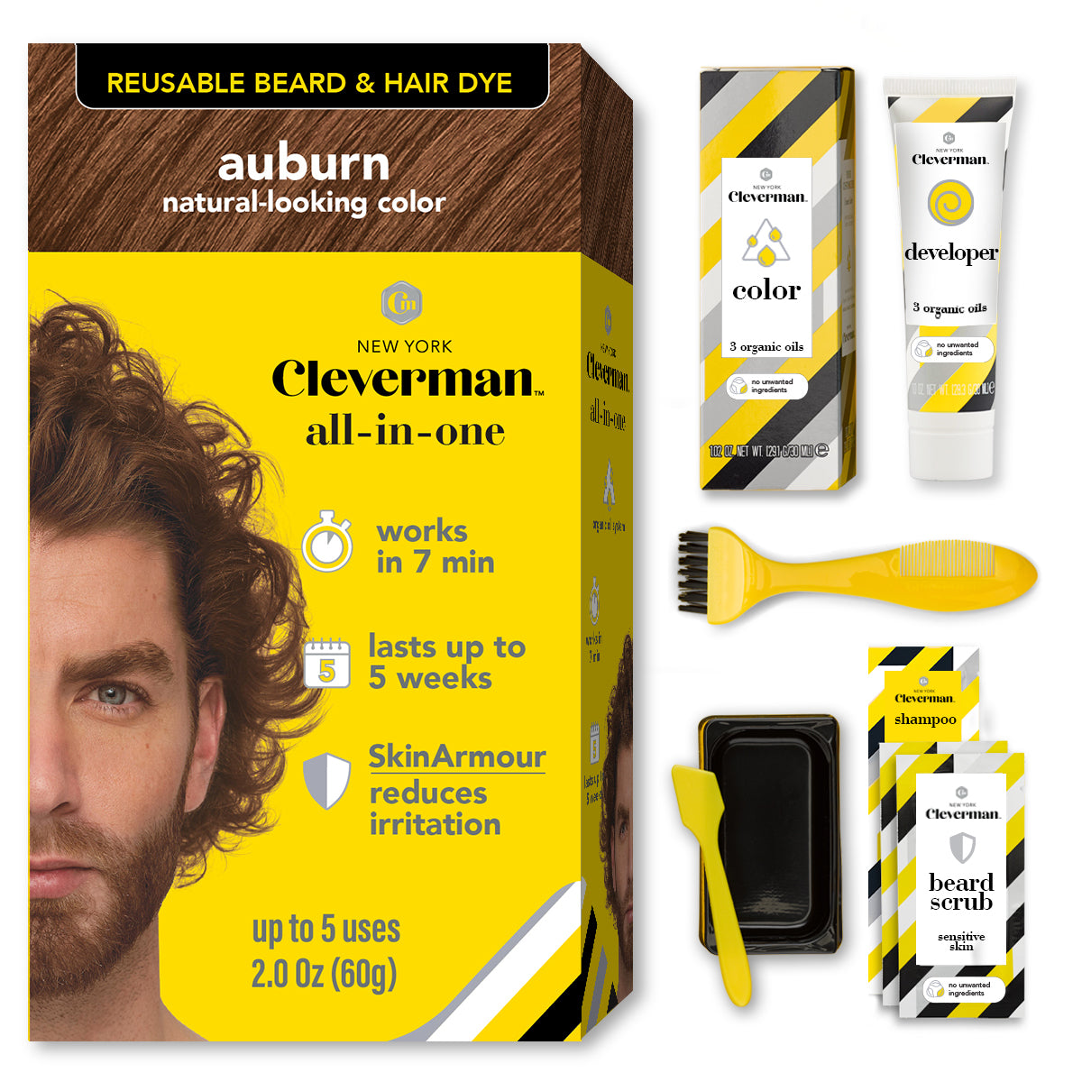 Reusable Beard & Hair Dye Kit - Up to 5 Uses, 7-Min Natural Gray Coverage with SkinArmour - Auburn