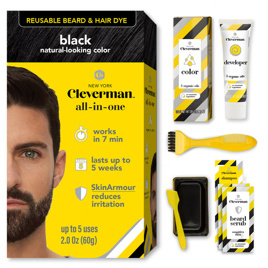 Reusable Beard & Hair Dye Kit - Up to 5 Uses, 7-Min Natural Gray Coverage with SkinArmour - Black