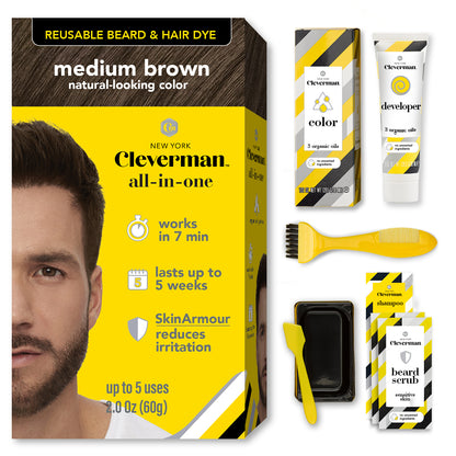 Reusable Beard & Hair Dye Kit - Up to 5 Uses, 7-Min Natural Gray Coverage with SkinArmour - Medium Brown