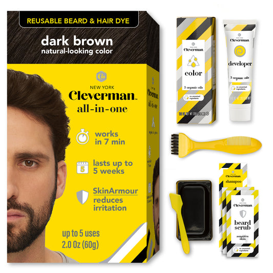 Reusable Beard & Hair Dye Kit - Up to 5 Uses, 7-Min Natural Gray Coverage with SkinArmour - Dark Brown