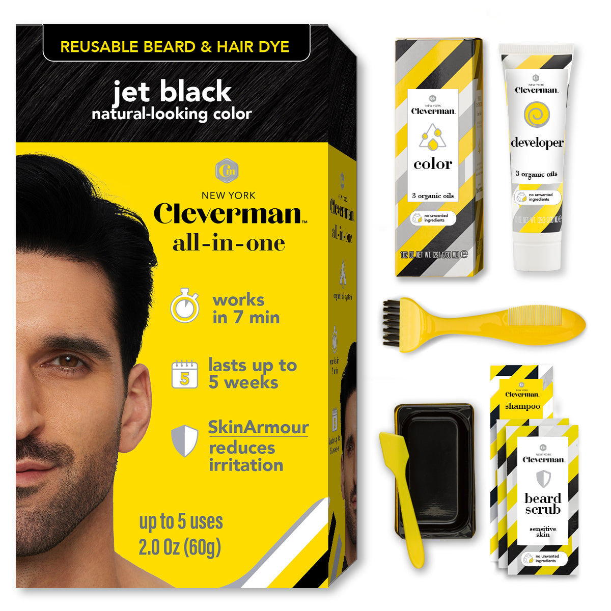Reusable Beard & Hair Dye Kit - Up to 5 Uses, 7-Min Natural Gray Coverage with SkinArmour - Jet Black