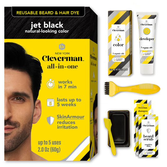 Reusable Beard & Hair Dye Kit - Up to 5 Uses, 7-Min Natural Gray Coverage with SkinArmour - Jet Black