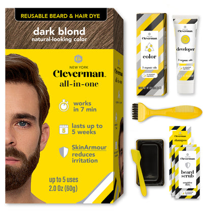 Reusable Beard & Hair Dye Kit - Up to 5 Uses, 7-Min Natural Gray Coverage with SkinArmour - Dark Blond