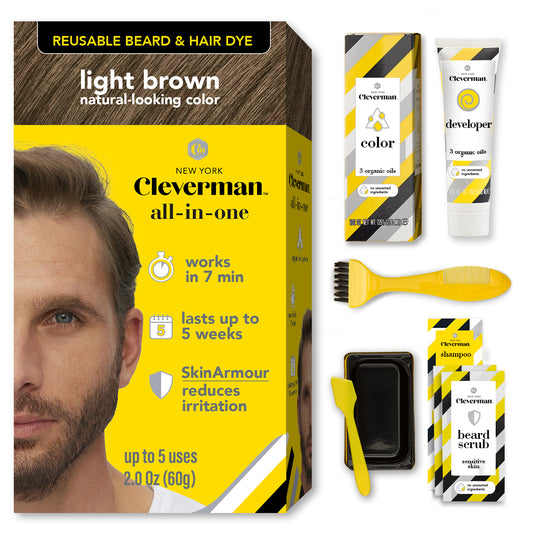 Reusable Beard & Hair Dye Kit - Up to 5 Uses, 7-Min Natural Gray Coverage with SkinArmour - Light Brown