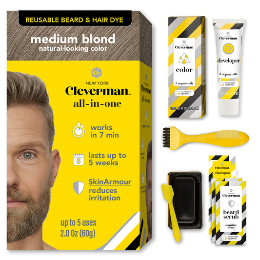 Reusable Beard & Hair Dye Kit - Up to 5 Uses, 7-Min Natural Gray Coverage with SkinArmour - Medium Blond
