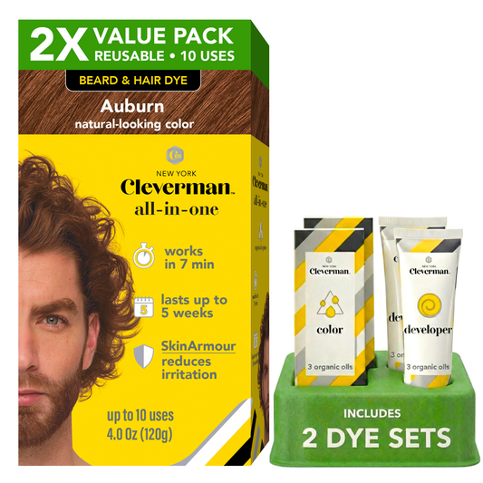 2X Pack Reusable Beard & Hair Dye Kit - 10 Uses, Natural Gray Coverage with SkinArmour - Auburn