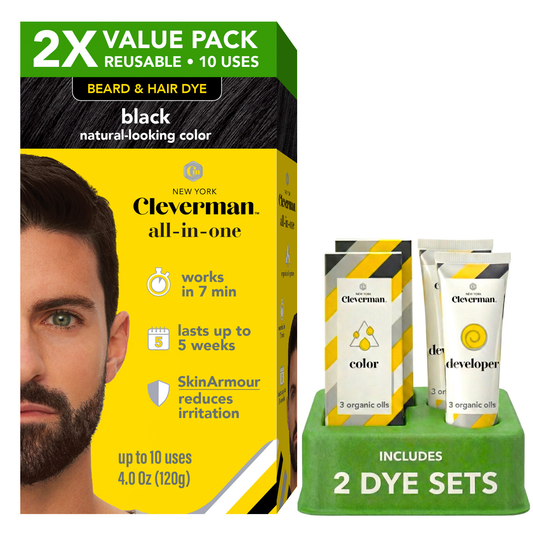 2X Pack Reusable Beard & Hair Dye Kit - 10 Uses, Natural Gray Coverage with SkinArmour - Black