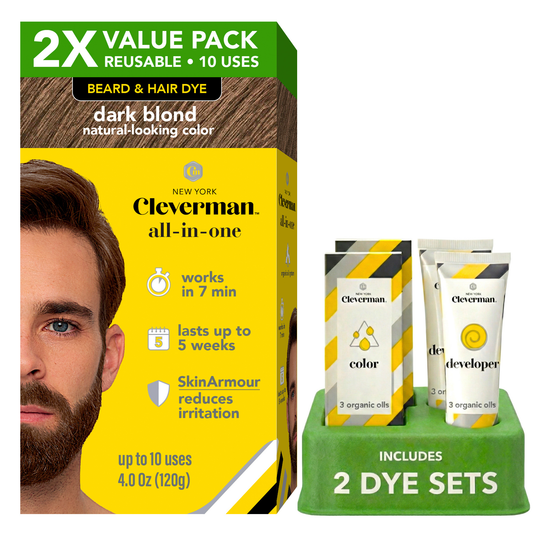 2X Pack Reusable Beard & Hair Dye Kit - 10 Uses, Natural Gray Coverage with SkinArmour - Dark Blond