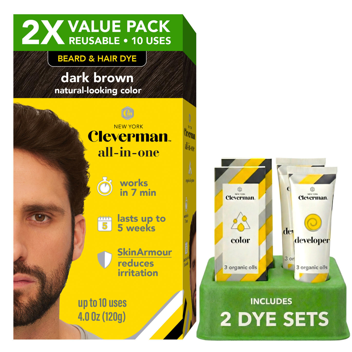 2X Pack Reusable Beard & Hair Dye Kit - 10 Uses, Natural Gray Coverage with SkinArmour - Dark Brown