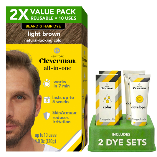 2X Pack Reusable Beard & Hair Dye Kit - 10 Uses, Natural Gray Coverage with SkinArmour - Light Brown