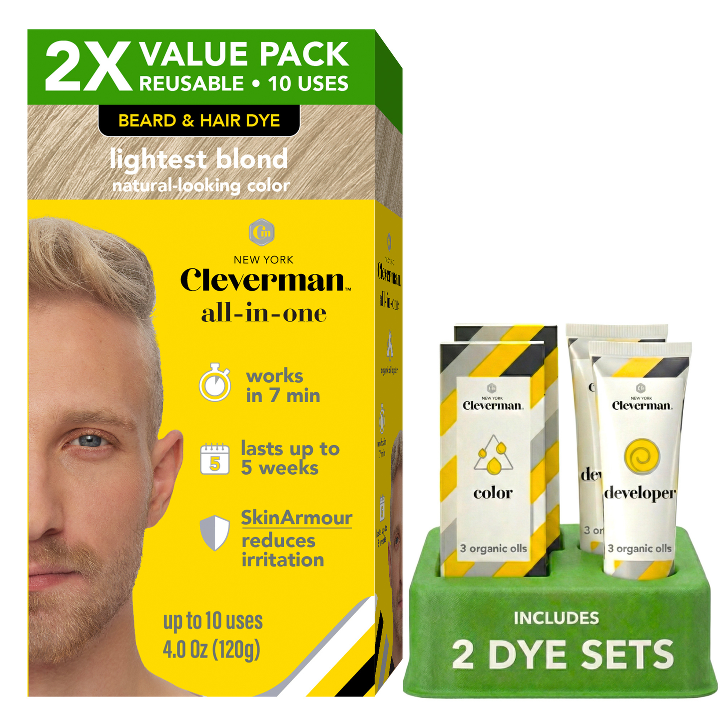 2X Pack Reusable Beard & Hair Dye Kit - 10 Uses, Natural Gray Coverage with SkinArmour - Lightest Blond