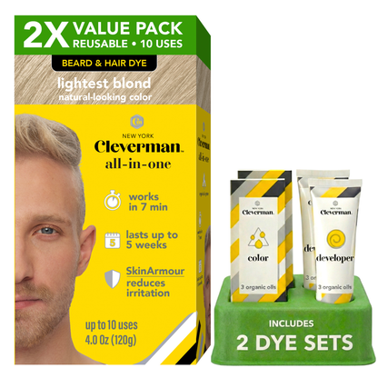 2X Pack Reusable Beard & Hair Dye Kit - 10 Uses, Natural Gray Coverage with SkinArmour - Lightest Blond