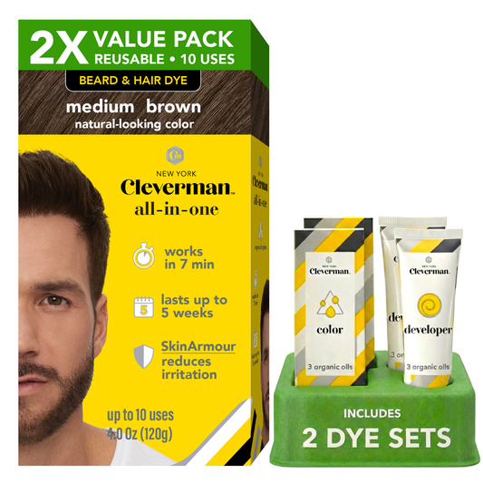 2X Pack Reusable Beard & Hair Dye Kit - 10 Uses, Natural Gray Coverage with SkinArmour - Medium Brown