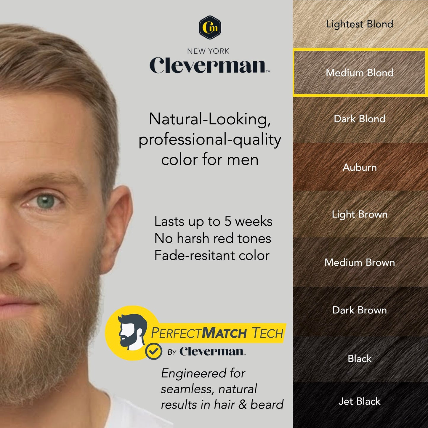 Reusable Beard & Hair Dye Kit - Up to 5 Uses, 7-Min Natural Gray Coverage with SkinArmour - Medium Blond
