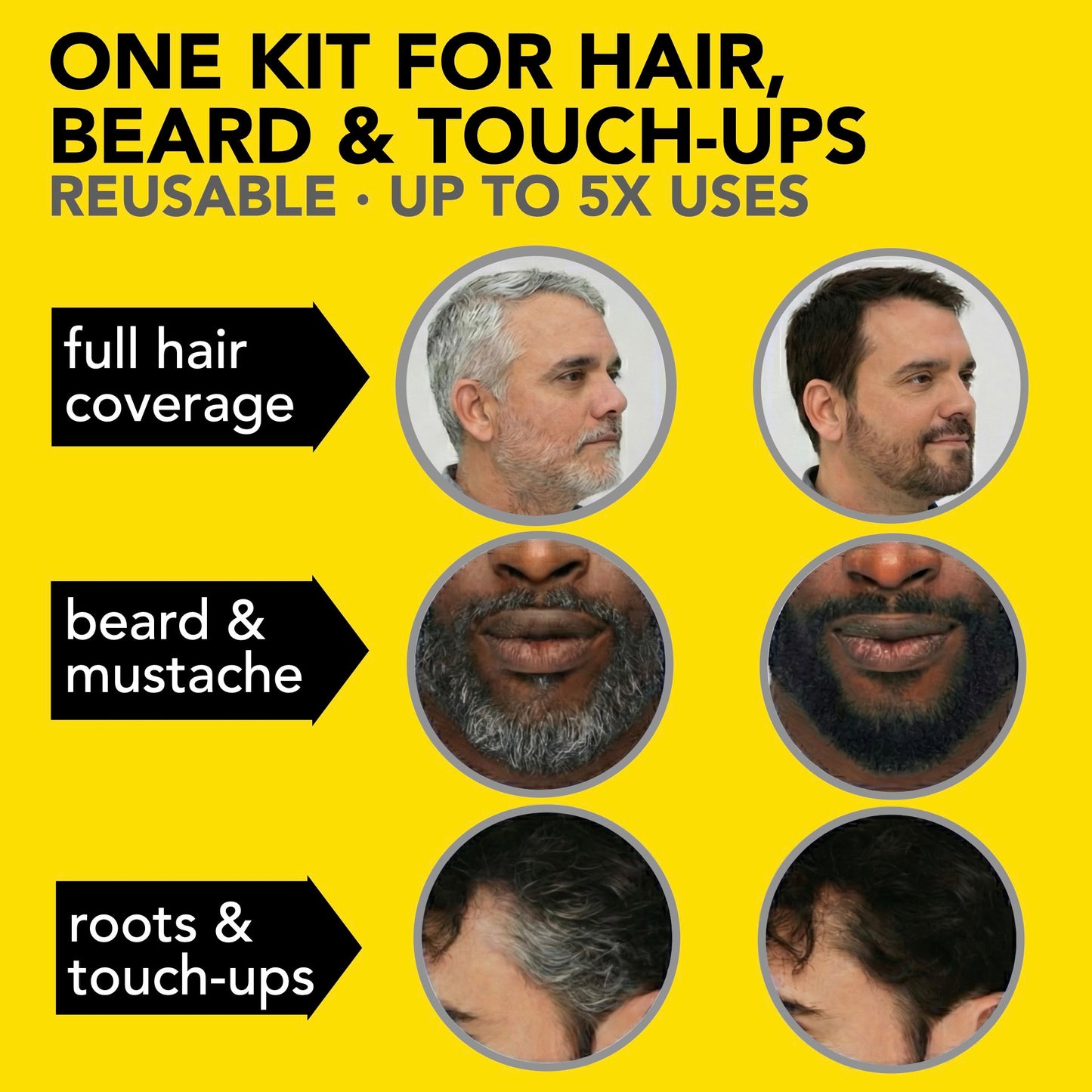 Reusable Beard & Hair Dye Kit - Up to 5 Uses, 7-Min Natural Gray Coverage with SkinArmour - Medium Brown