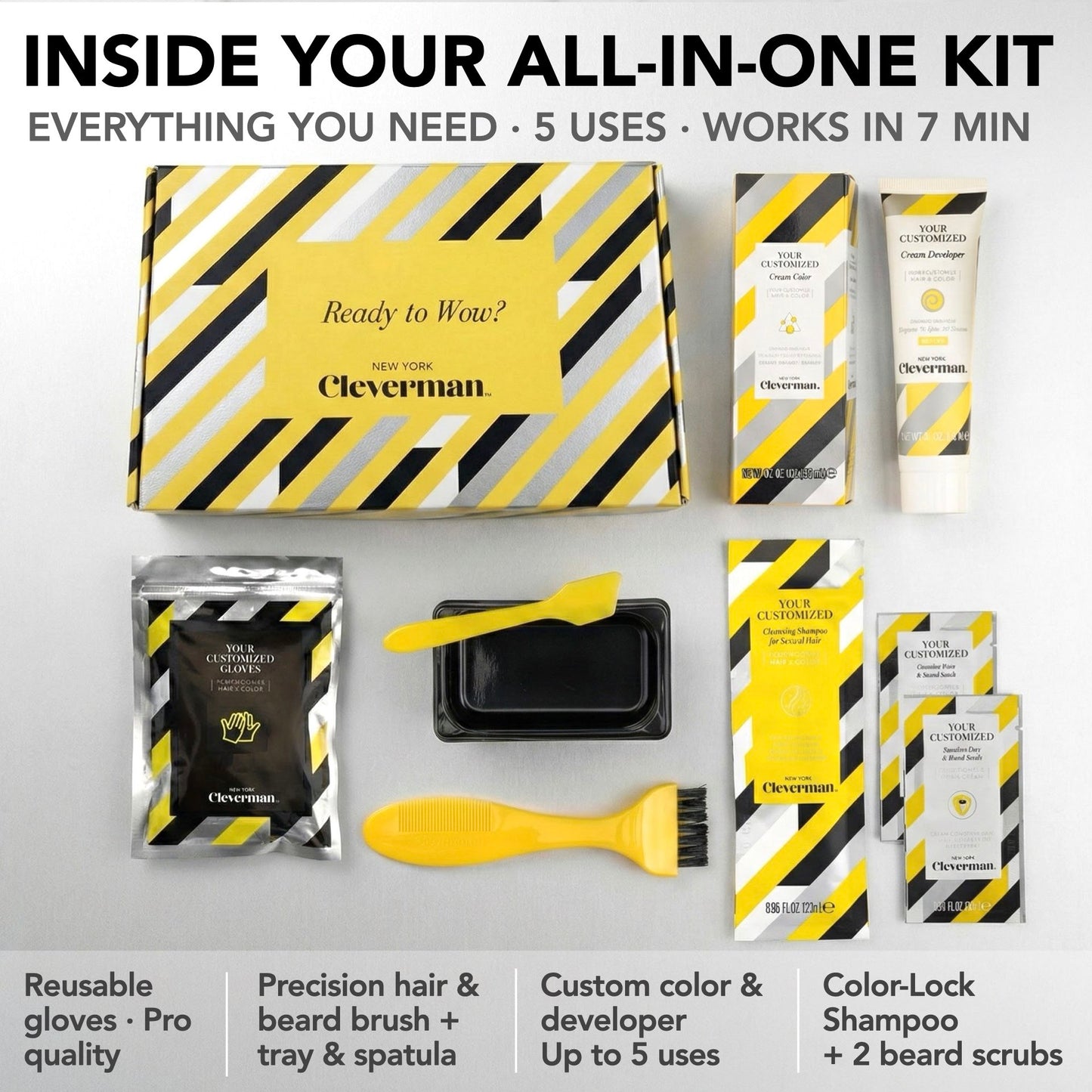 Reusable Beard & Hair Dye Kit - Up to 5 Uses, 7-Min Natural Gray Coverage with SkinArmour - Medium Brown