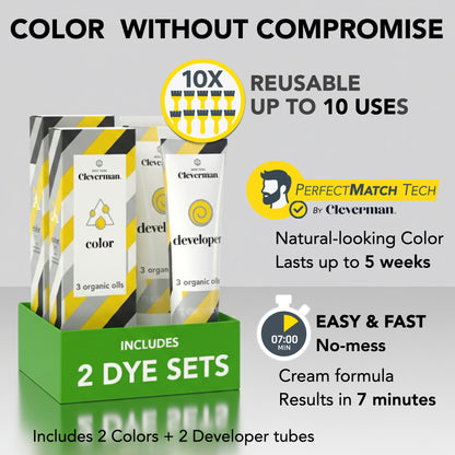 2X Pack Reusable Beard & Hair Dye Kit - 10 Uses, Natural Gray Coverage with SkinArmour - Black