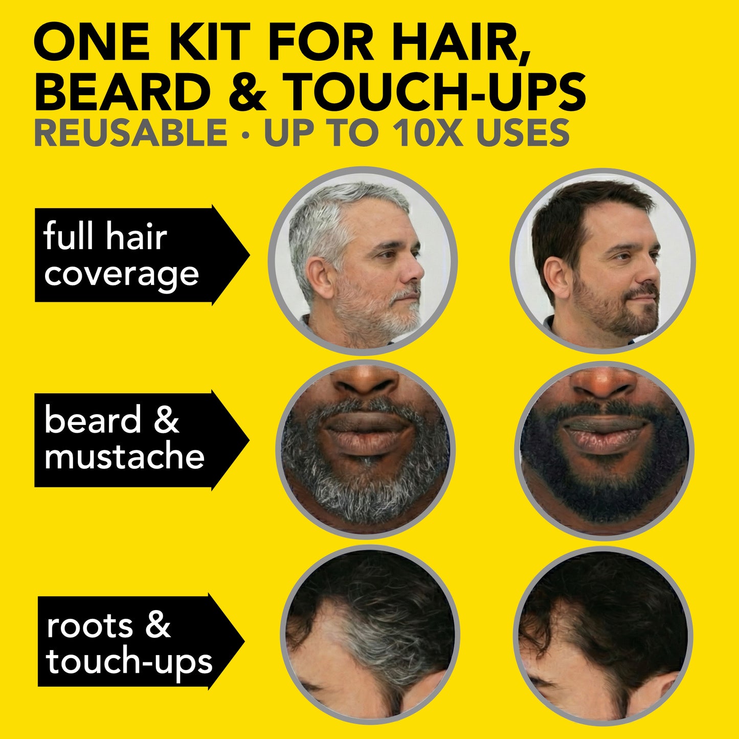 2X Pack Reusable Beard & Hair Dye Kit - 10 Uses, Natural Gray Coverage with SkinArmour - Black