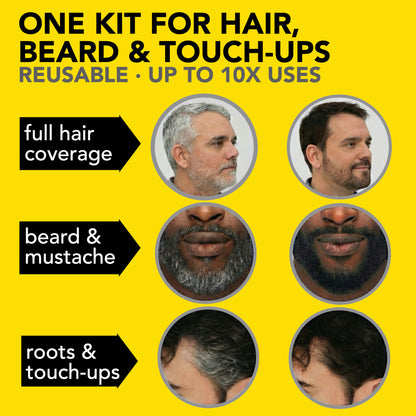 2X Pack Reusable Beard & Hair Dye Kit - 10 Uses, Natural Gray Coverage with SkinArmour - Black