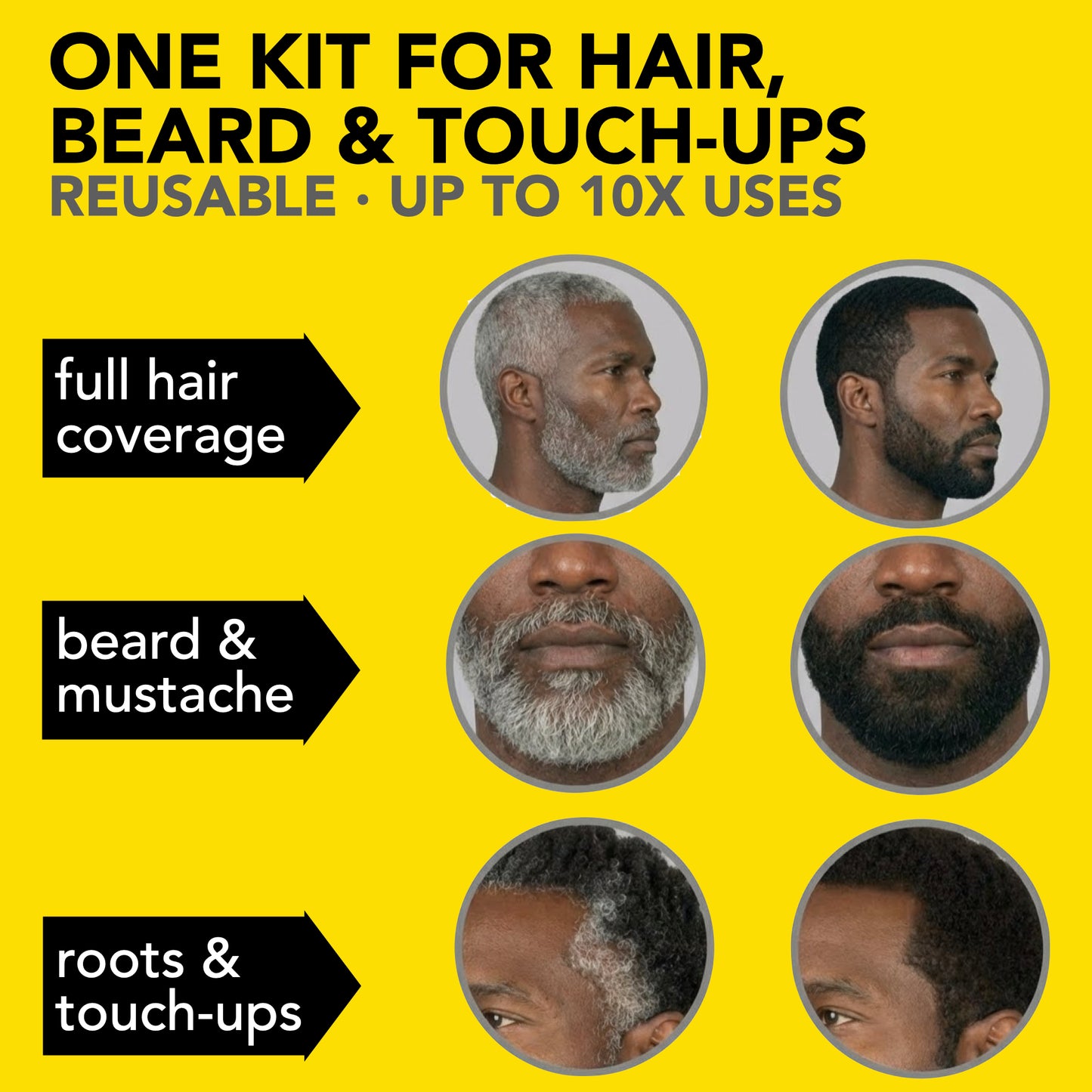 2X Pack Coarse & Coily Hair Reusable Beard & Hair Dye Kit – 10 Uses, Natural Gray Coverage - Jet Black