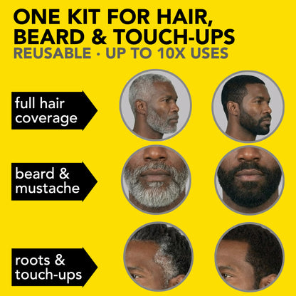 2X Pack Coarse & Coily Hair Reusable Beard & Hair Dye Kit – 10 Uses, Natural Gray Coverage - Jet Black