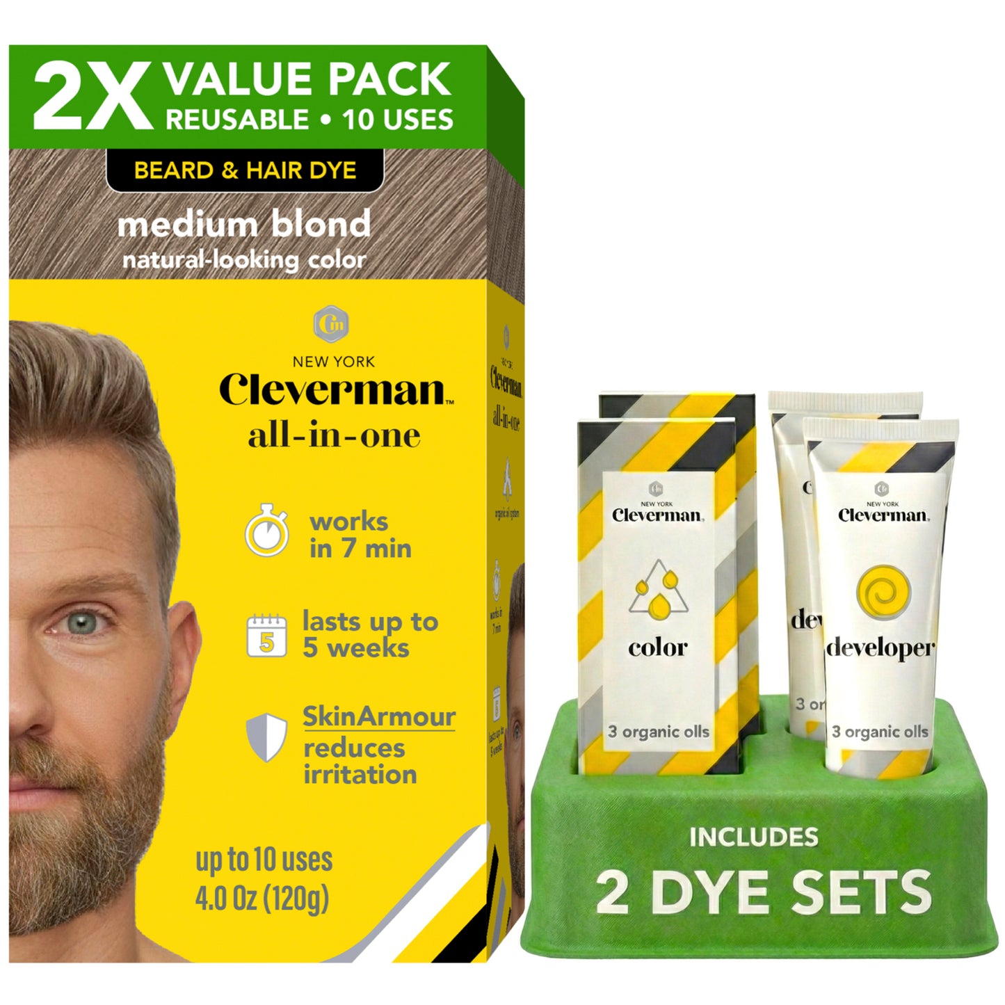 2X Pack Reusable Beard & Hair Dye Kit - 10 Uses, Natural Gray Coverage with SkinArmour - Medium Blond